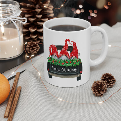 Black Truck with Gnomes Merry Christmas Ceramic Mug