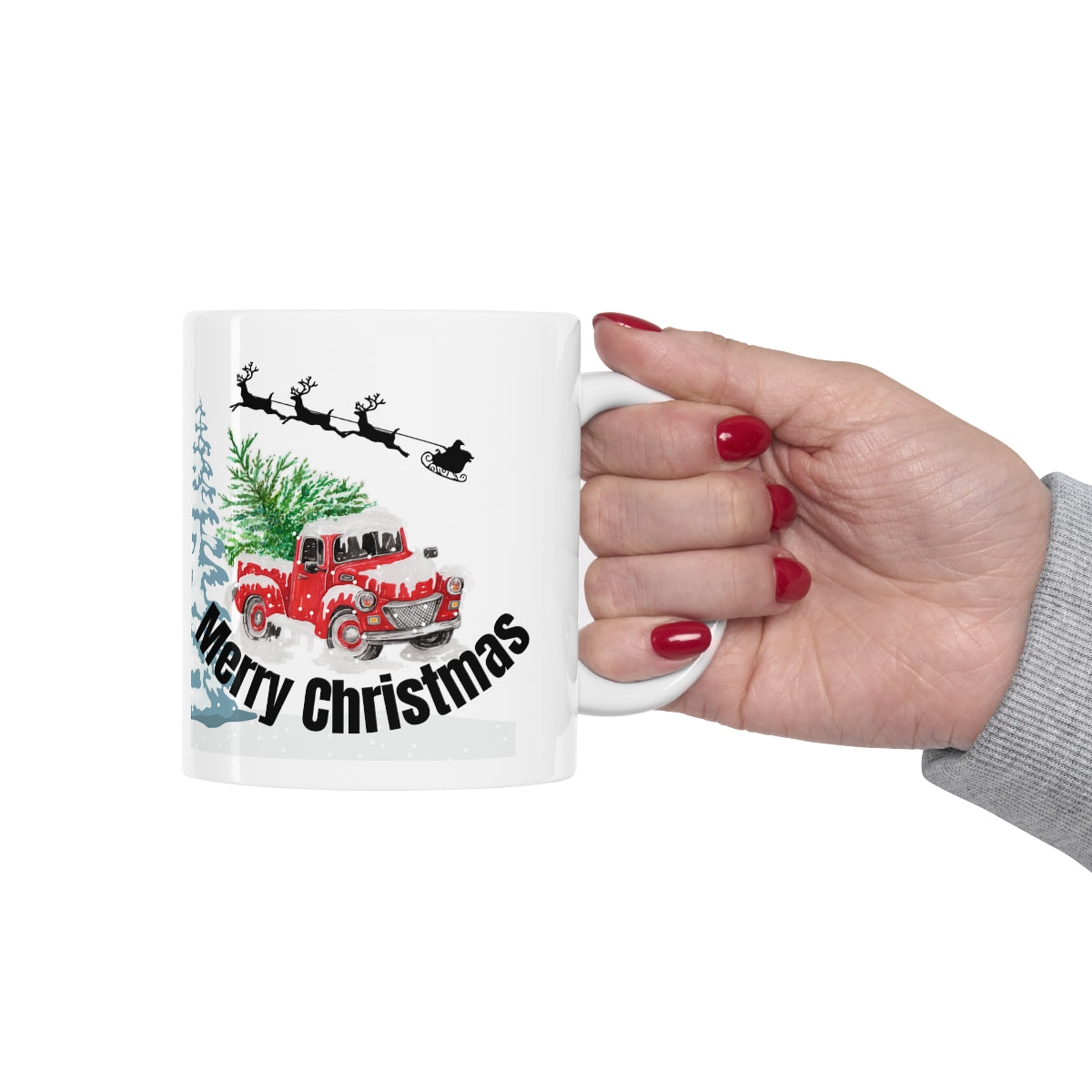 Merry Christmas Red Truck with Santa's Sleigh Ceramic Mug