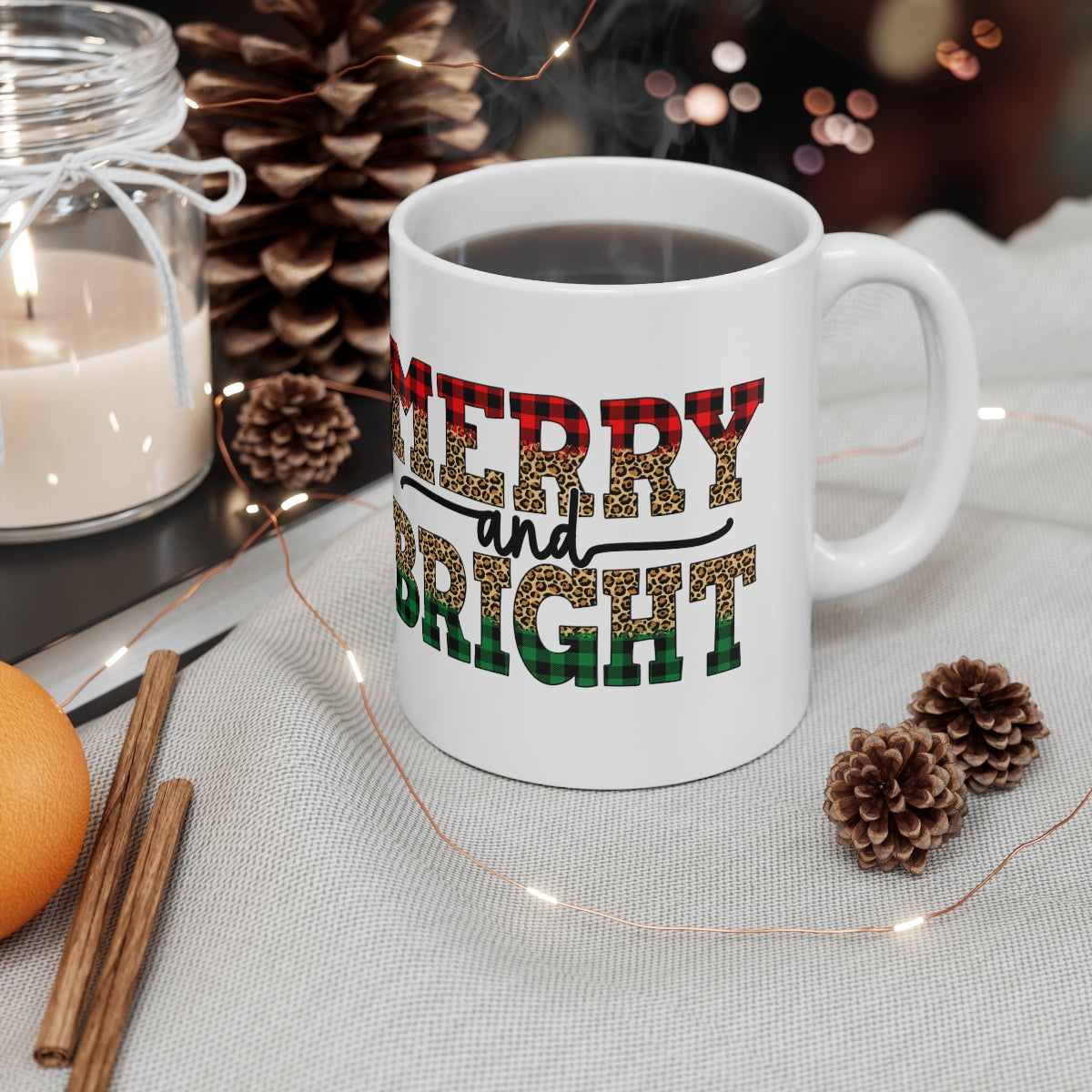 Red and Green Buffalo Plaid Merry and Bright Christmas Ceramic Mug