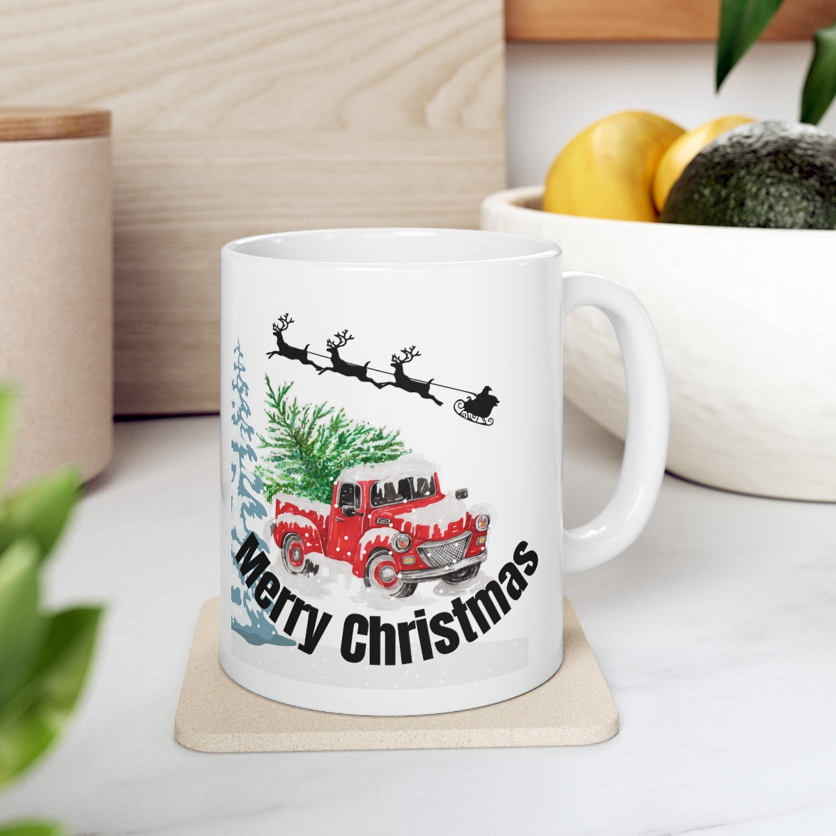 Merry Christmas Red Truck with Santa's Sleigh Ceramic Mug