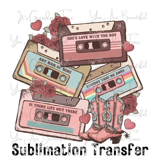 SUB185 Western Valentine Cassette Music SUBLIMATION TRANSFER Ready to Press