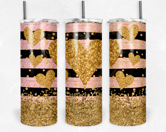 Gold Glitter with Pink and Black Stripes Tumbler