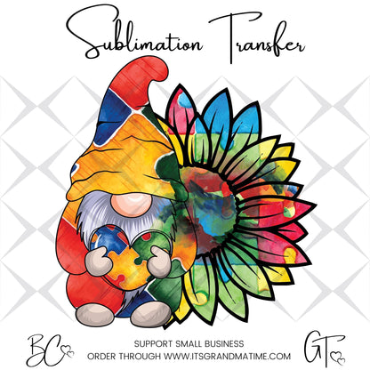 SUB428 Autism Gnome Sunflower Autism Sublimation Transfer