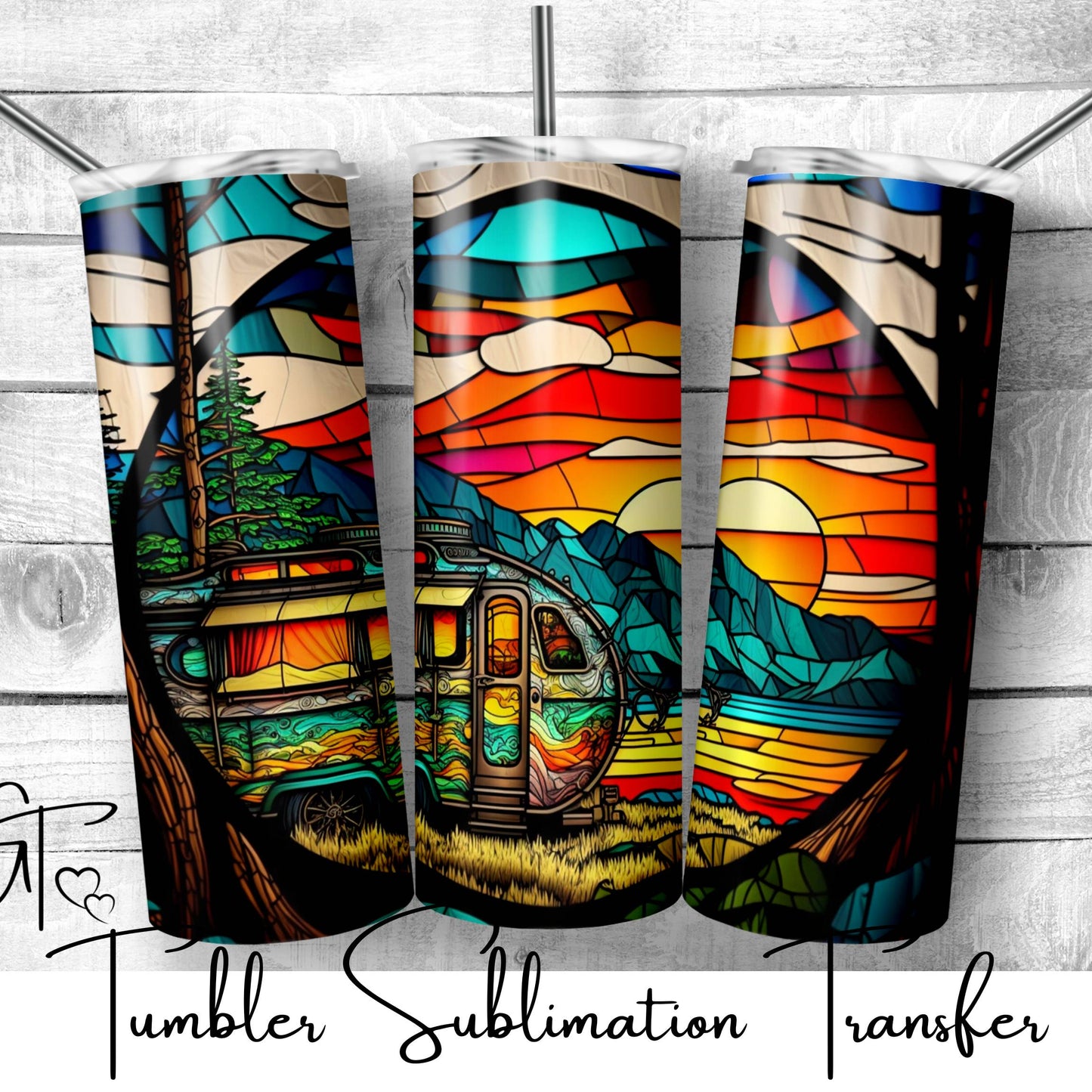 SUB453 Stained Glass Camping Sunrise Tumbler Sublimation Transfer