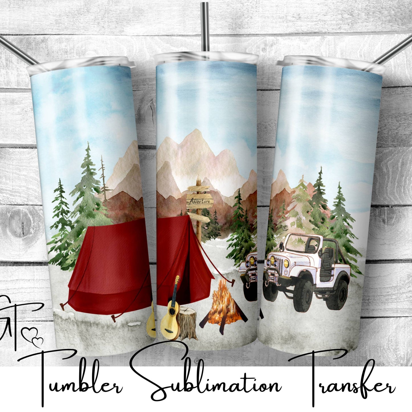 SUB459 Camping with Tent and Jeep Tumbler Sublimation Transfer