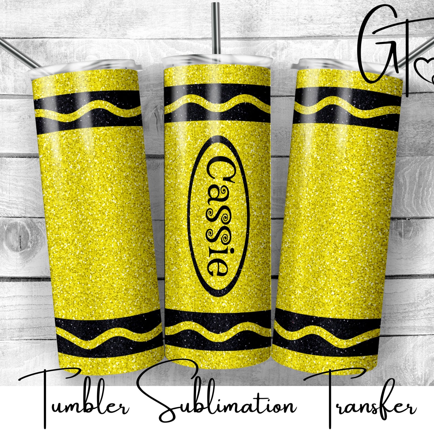 SUB472 Yellow Glitter Crayon Personalized | School | Teacher Tumbler Sublimation Transfer