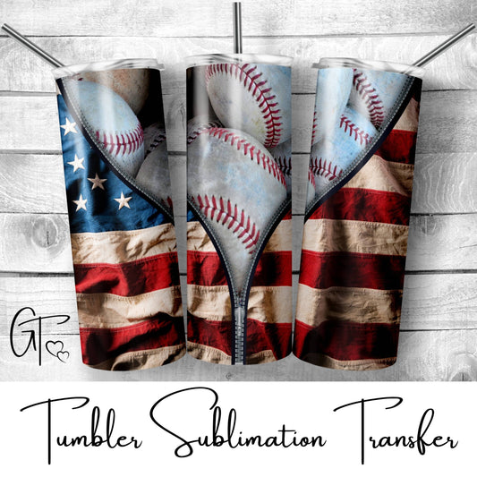 SUB533 Zippered Flag with Baseballs Patriotic Tumbler Sublimation Transfer