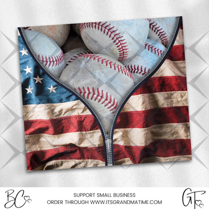 SUB533 Zippered Flag with Baseballs Patriotic Tumbler Sublimation Transfer