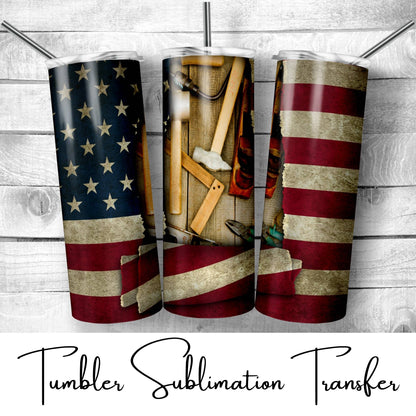 SUB547 American Flag Woodworking Patriotic Tumbler Sublimation Transfer
