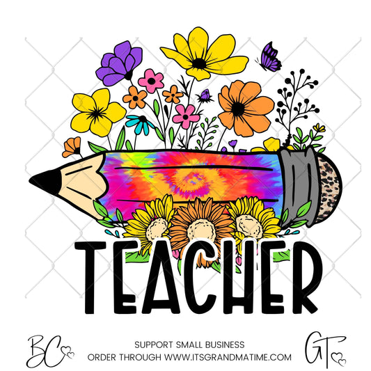 SUB588 Teacher Pencil with Flowers School Teacher Transfer