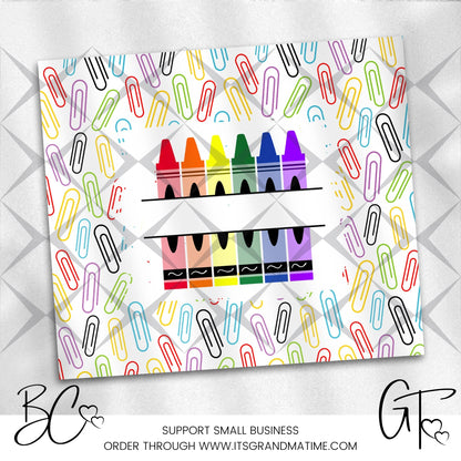 SUB677 Personalized Paper Clips and Crayons School | Teacher Tumbler Sublimation Transfer