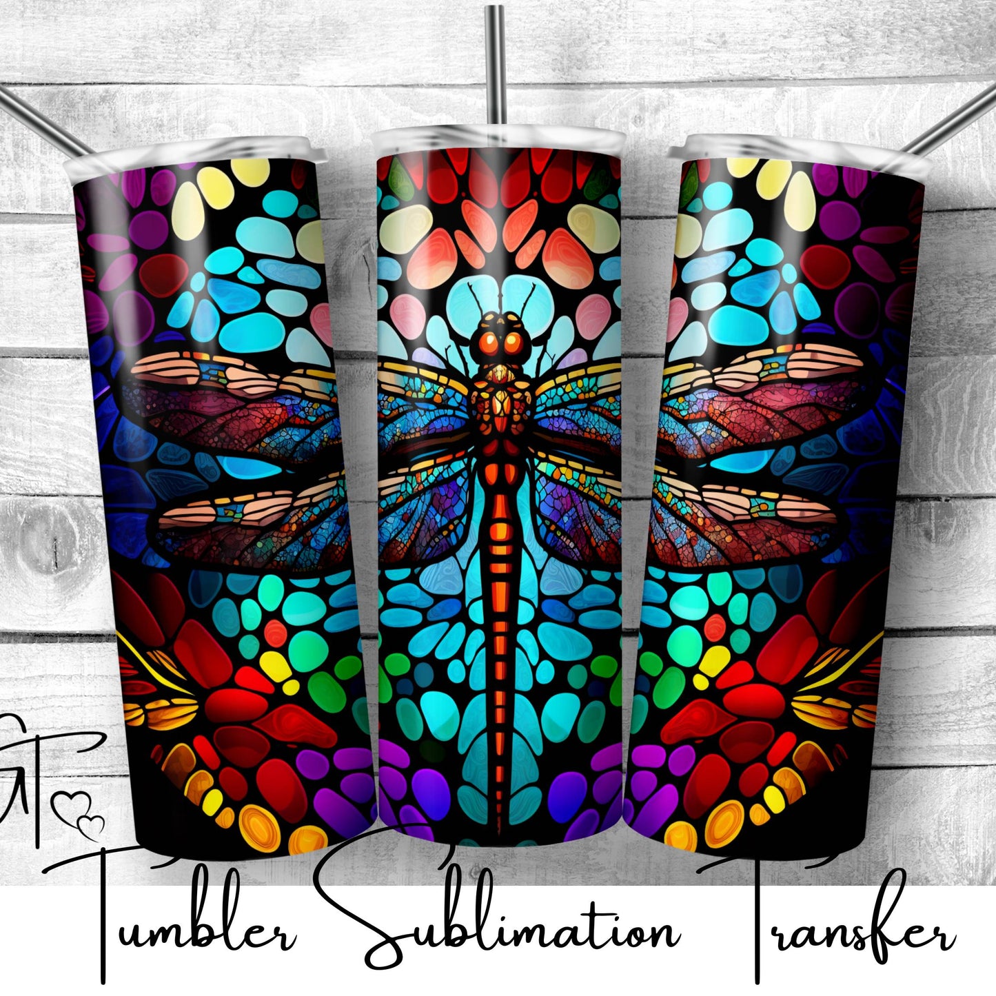 SUB798 Dragonfly Stained Glass Wildlife Animal Tumbler Sublimation Transfer
