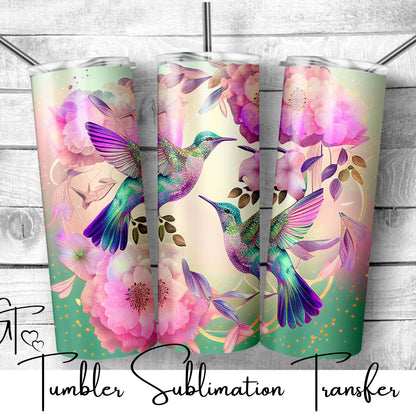 SUB818 Hummingbird Glitter with Pink Flowers Tumbler Sublimation Transfer