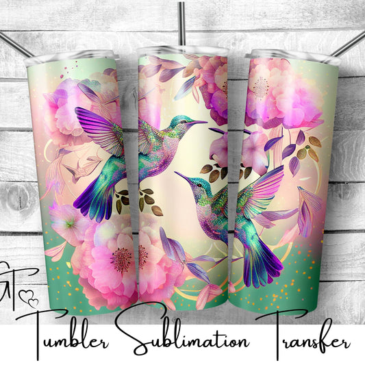 SUB818 Hummingbird Glitter with Pink Flowers Tumbler Sublimation Transfer