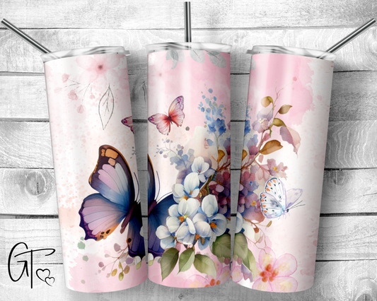 SUB866 Light Pink Background with Blue Purple Butterfly Watercolor 20 oz. Tumbler