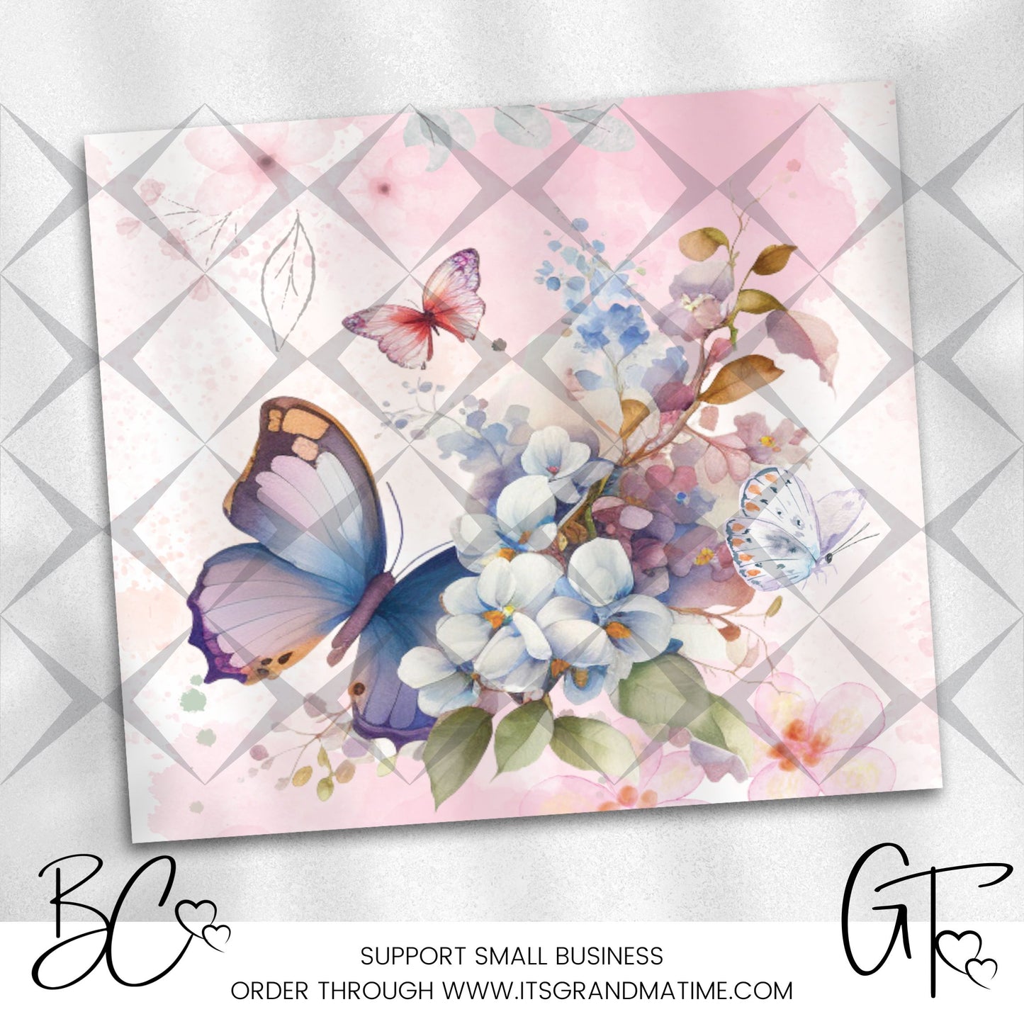 SUB866 Light Pink Background with Blue Purple Butterfly Watercolor Butterfly Tumbler Sublimation Transfer
