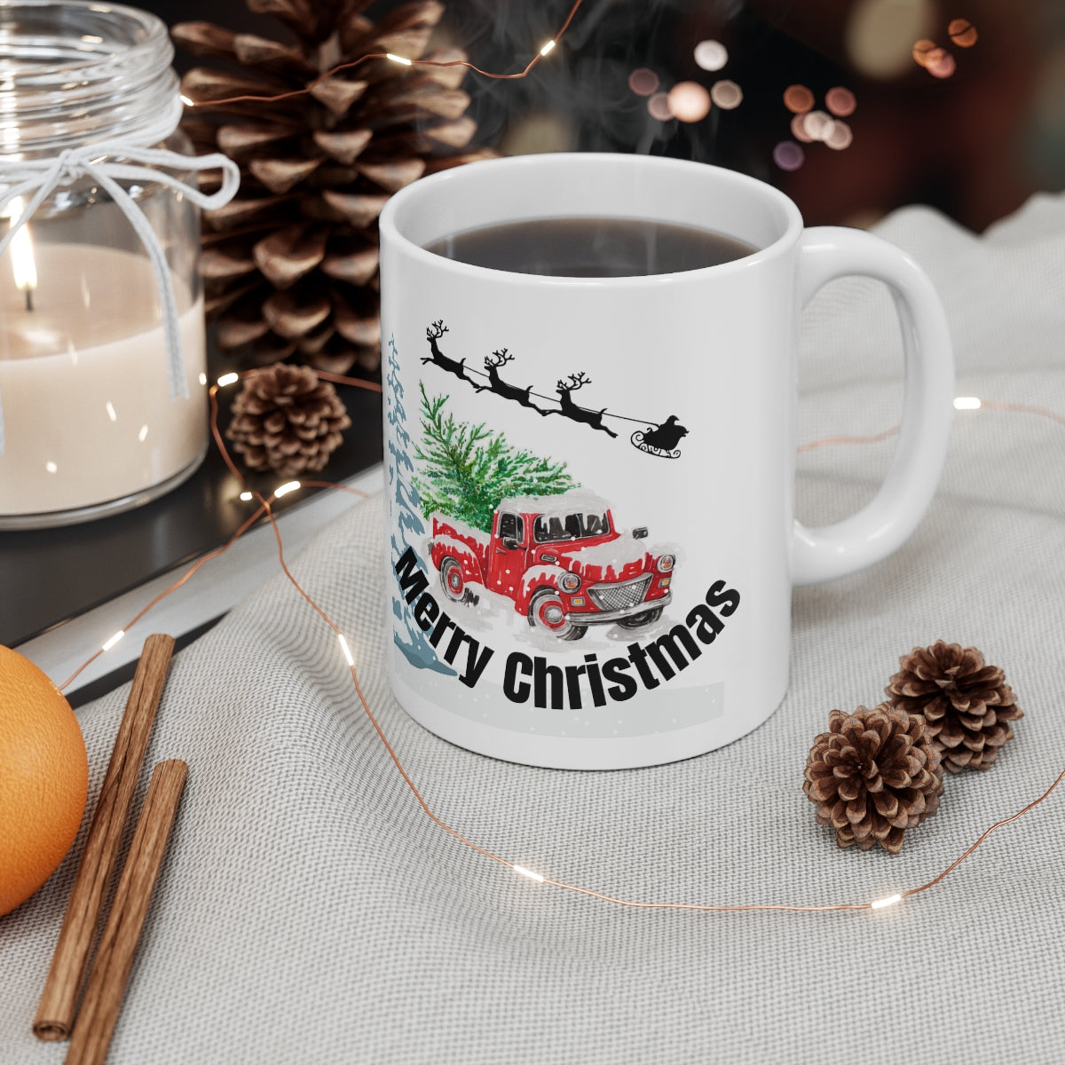 Merry Christmas Red Truck with Santa's Sleigh Ceramic Mug