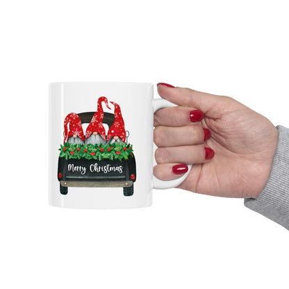 Black Truck with Gnomes Merry Christmas Ceramic Mug