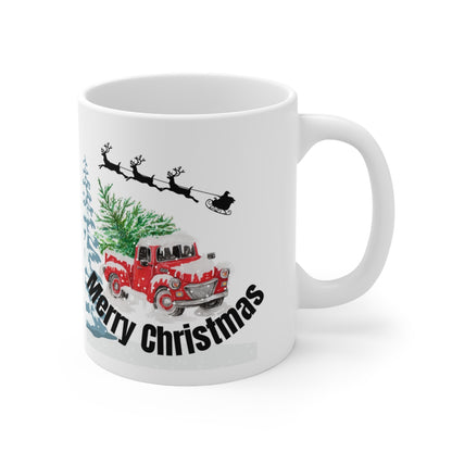 Merry Christmas Red Truck with Santa's Sleigh Ceramic Mug