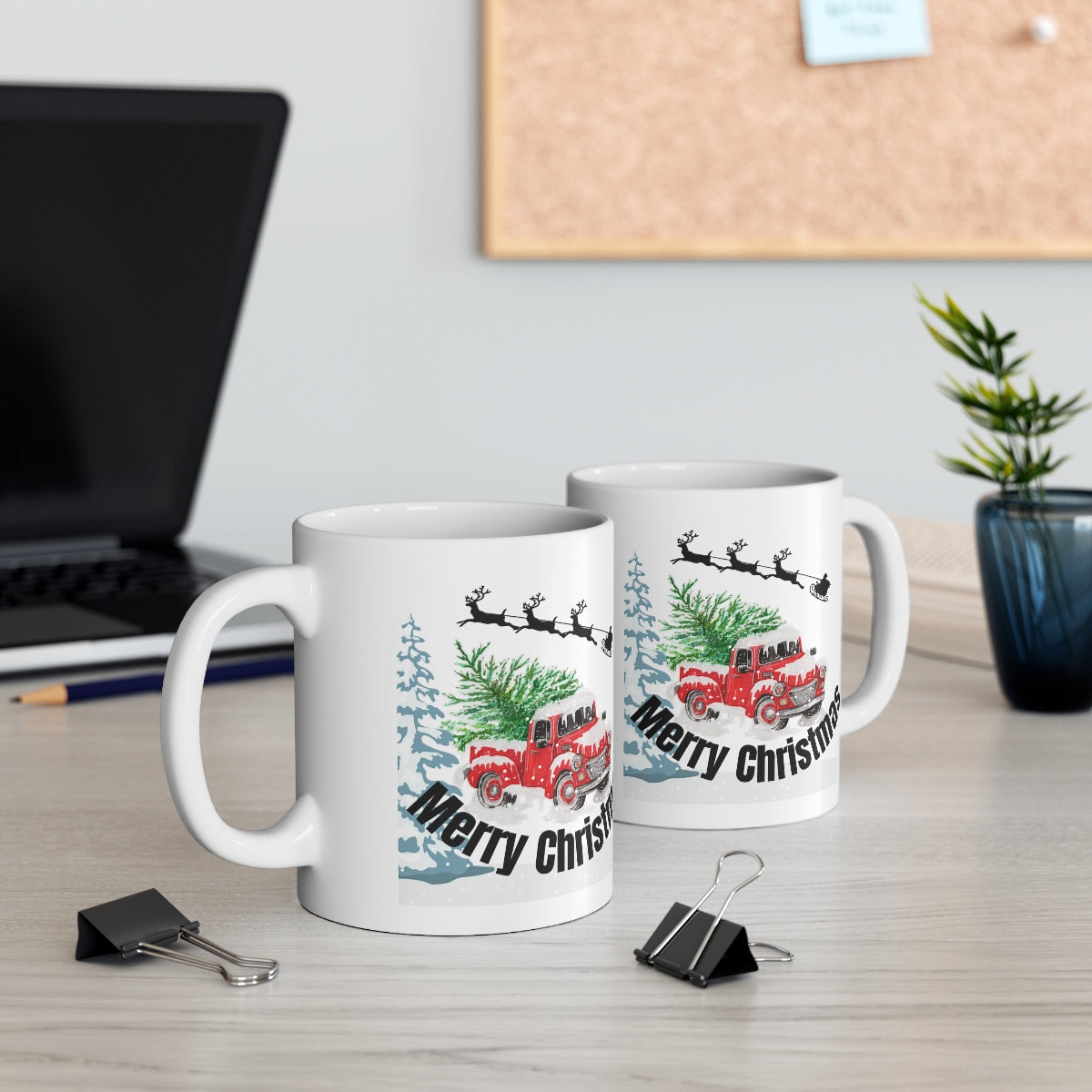 Merry Christmas Red Truck with Santa's Sleigh Ceramic Mug